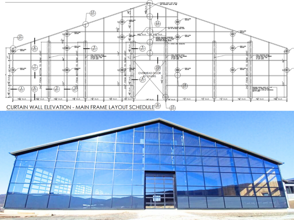 CAD Drawing of a facade and the final photo.